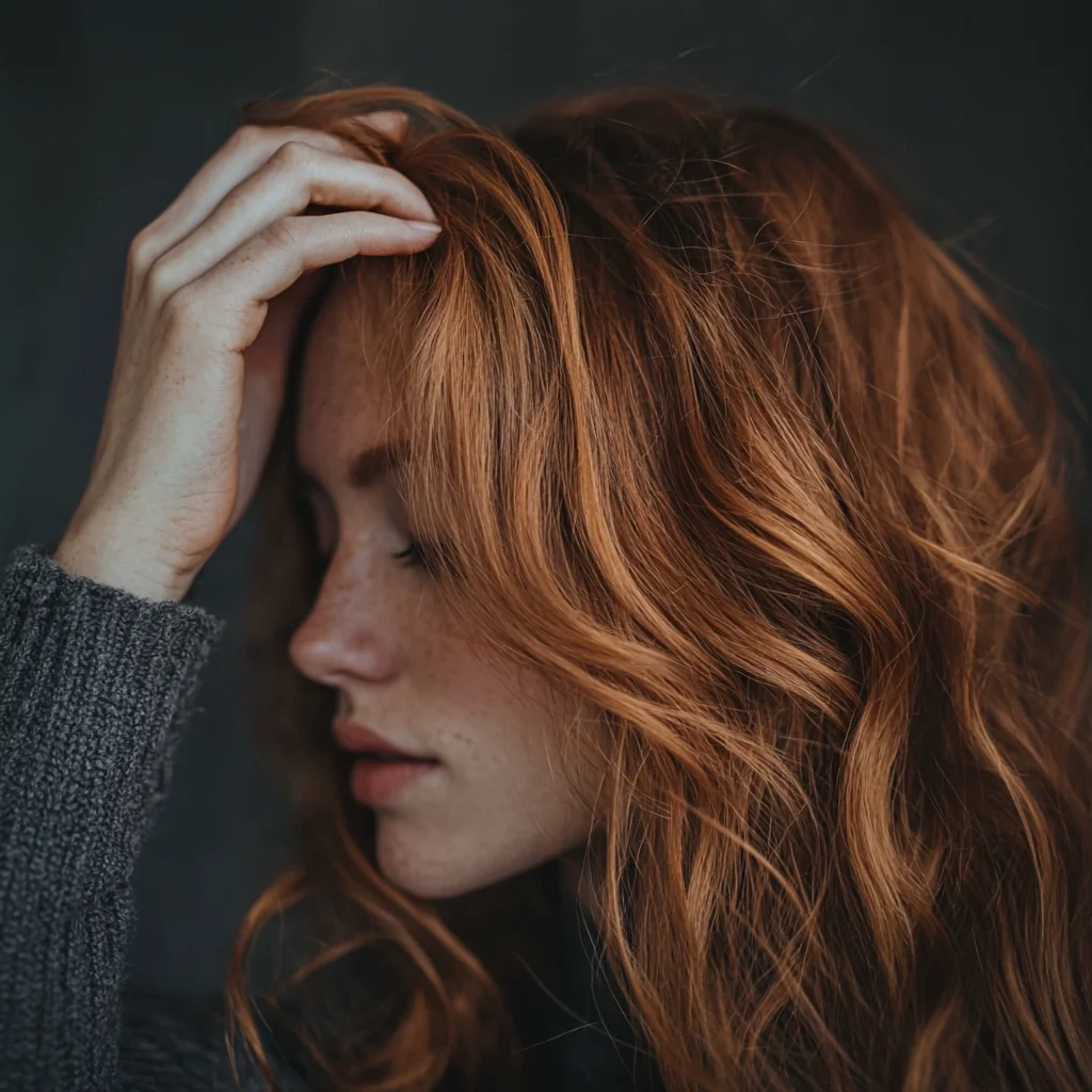 photo d'une femme rousse se touchant les cheveux