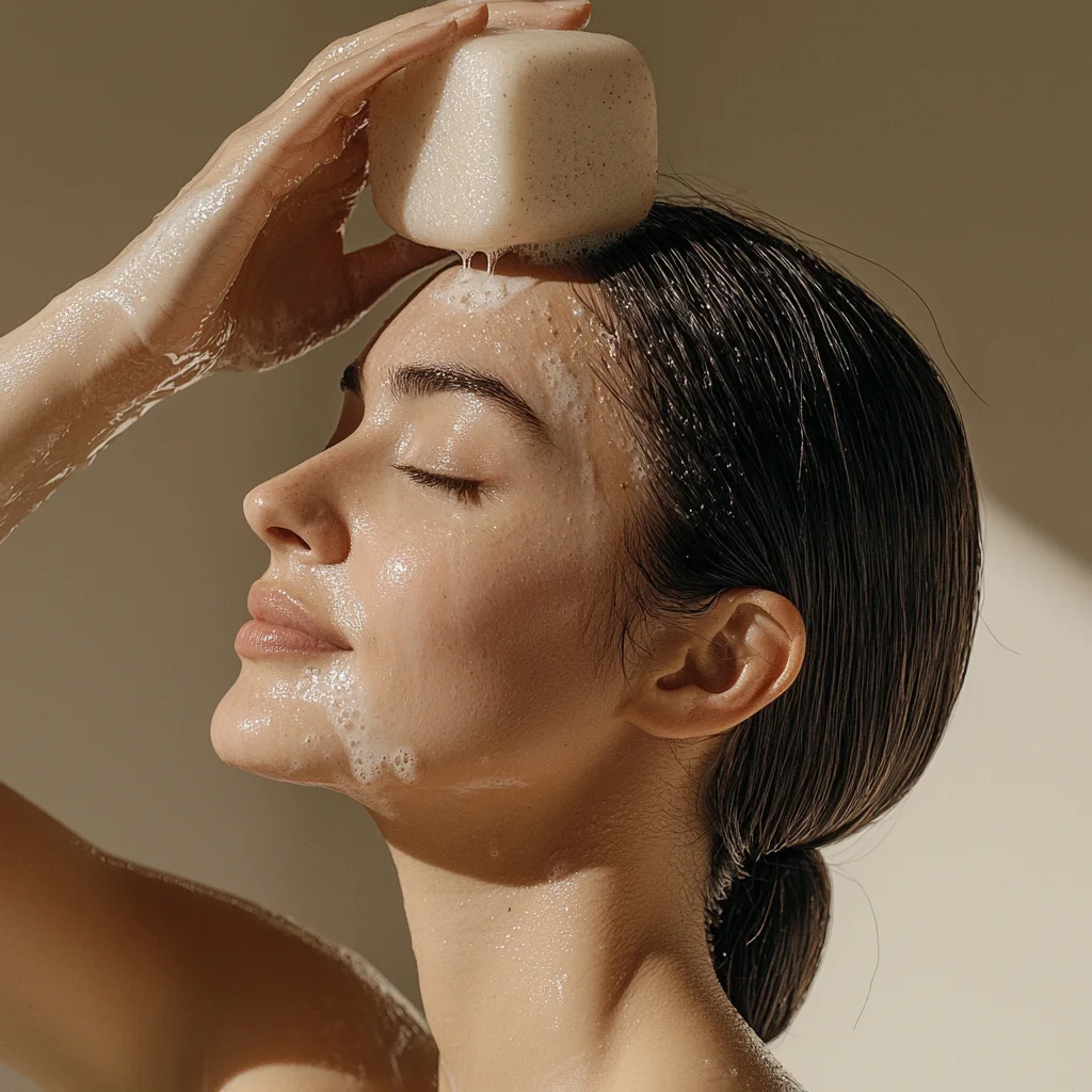 une femme utilisant un shampoing solide au shikakai