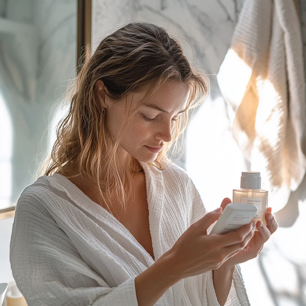 une femme regarde ses flacons de produit cosmétiques