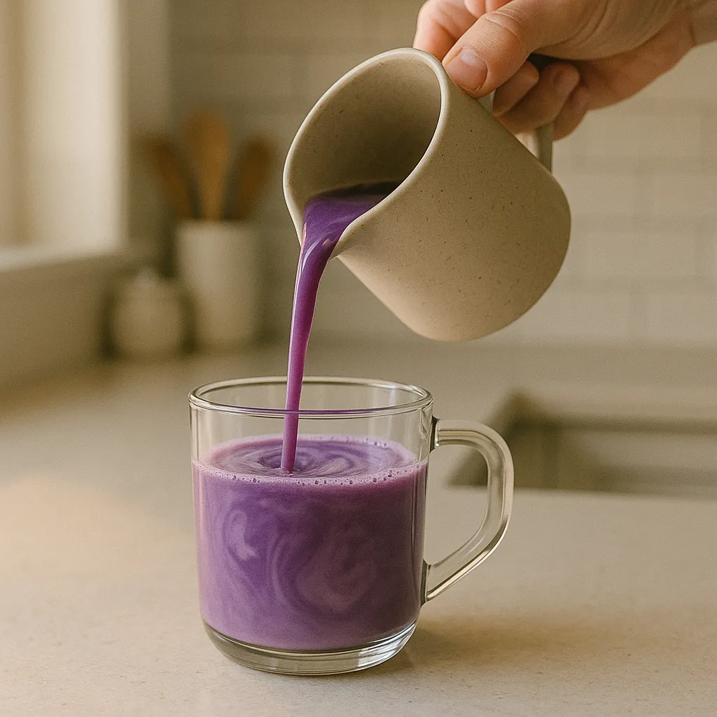 un latte d'ube en train d'être versé dans une tasse