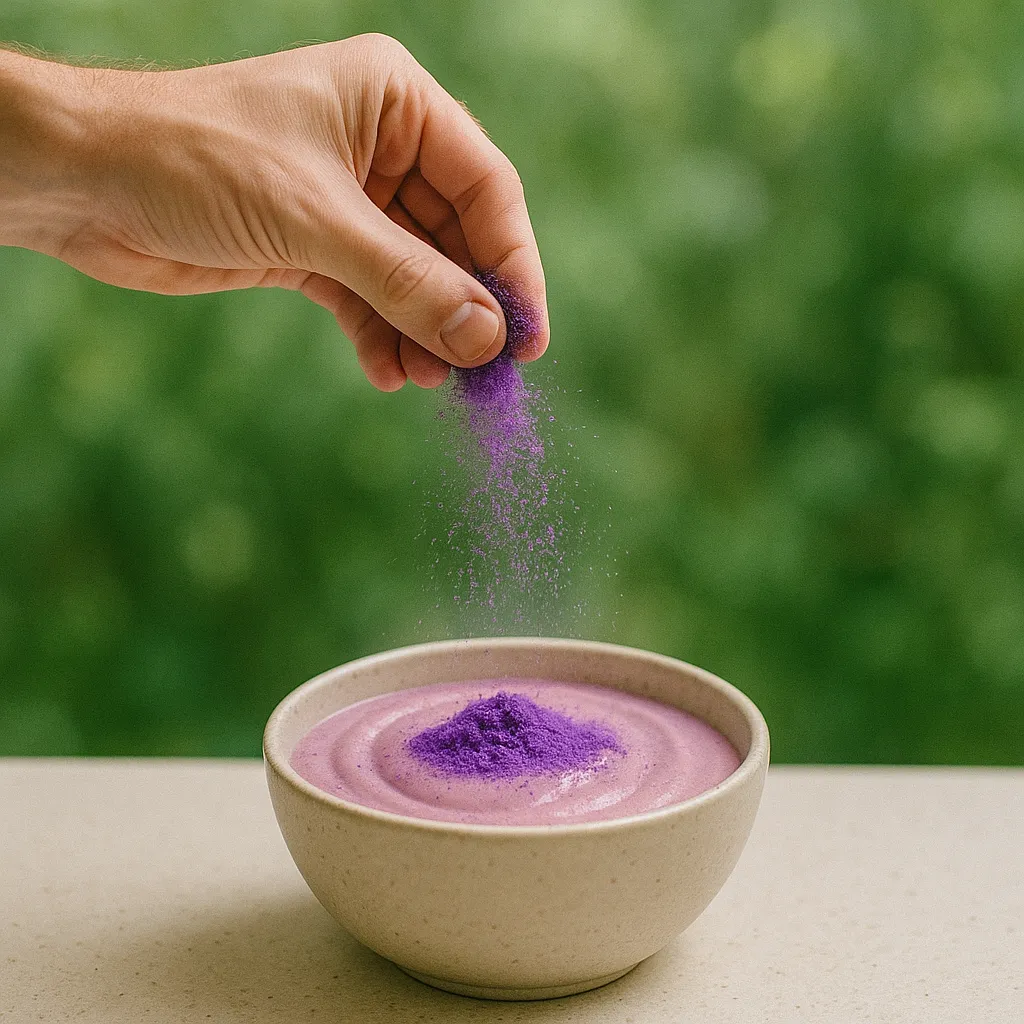 de la poudre d'ube versé dans un bol pour une recette
