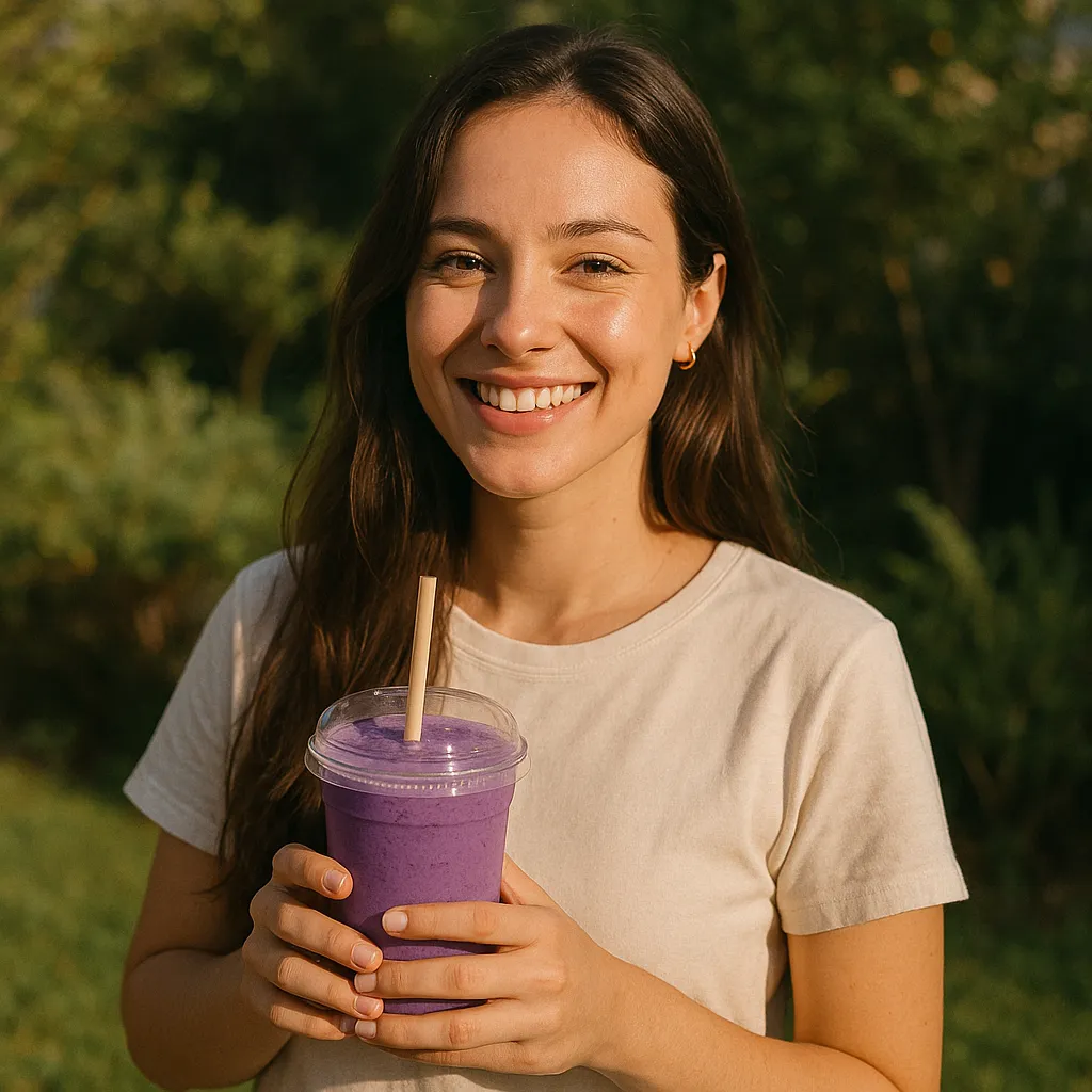 femme tenant un smoothie latte à la poudre d'ube