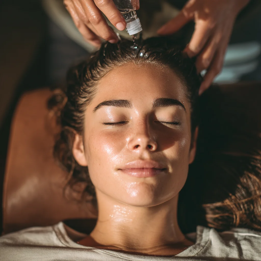 femme se faisant faire un soin à l'eau florale