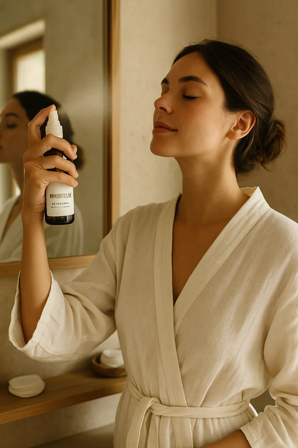 femme se mettant un hydrolat d'immortelle sur le visage