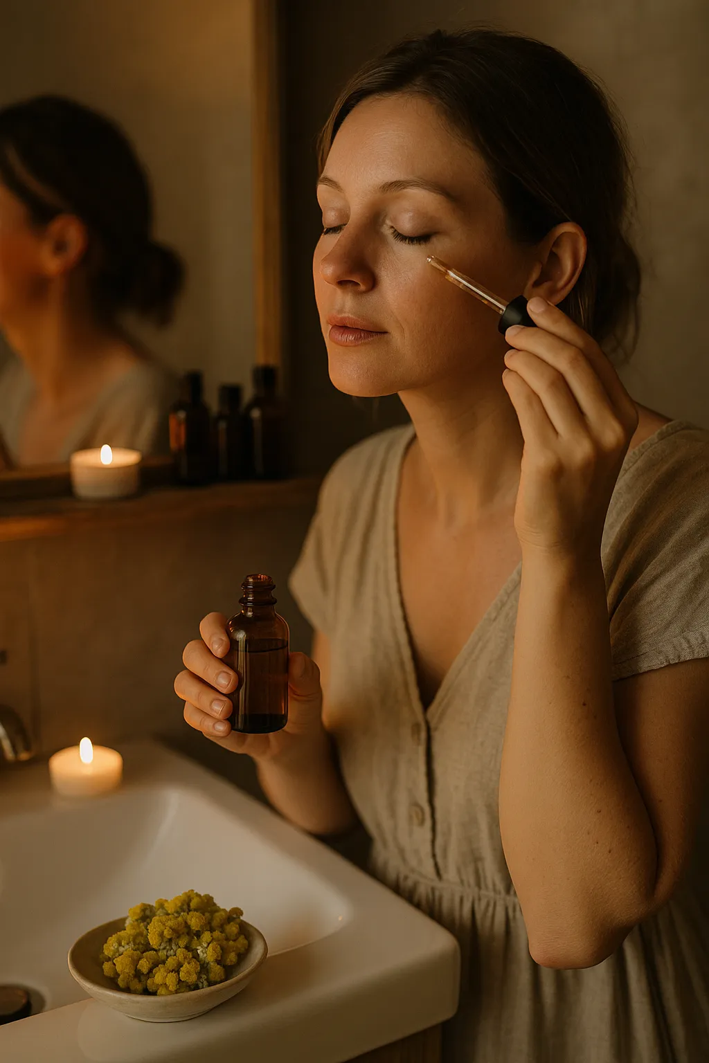 femme se mettant du serum d'immortelle